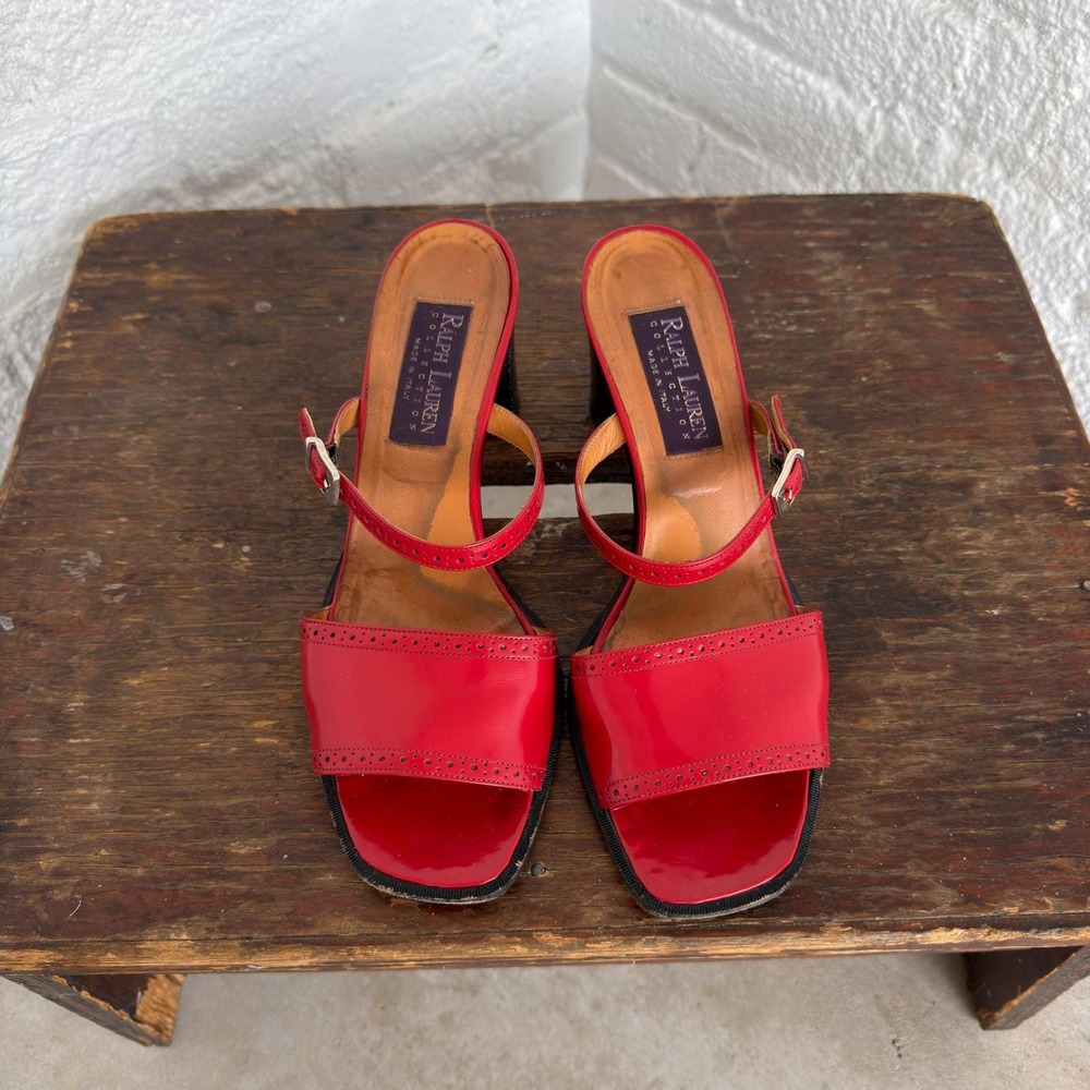 Ralph Lauren Collection Red Leather Brogue Mules Block Heel Made in Italy Sz 7.5